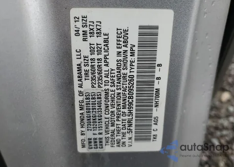 2012 Honda Odyssey Touring z USA, uszkodzony, nr VIN 5FNRL5H99CB095260